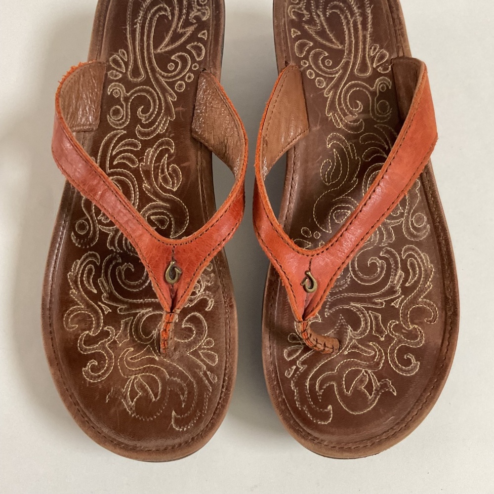 Olukai Paniolo Wedge Women’s Sz 8 Orange Brown Leather Thong Sandals - Picture 9 of 12